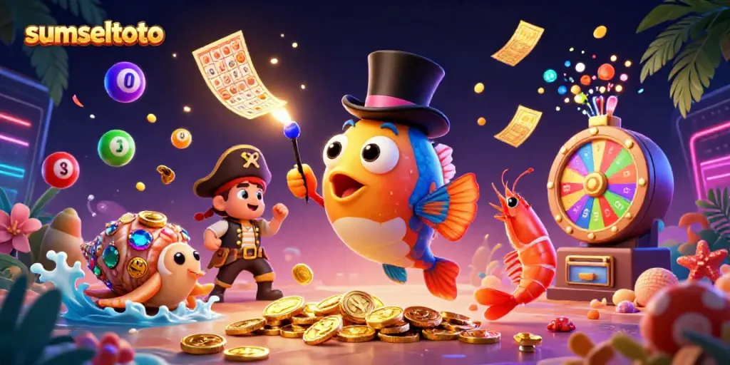 Engage in thrilling bets with sumseltoto amid colorful lottery balls and treasure-filled sea creatures.