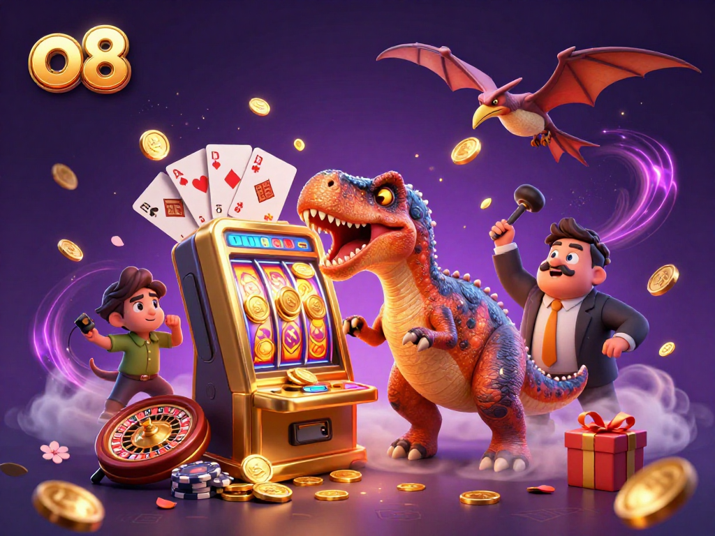 o8 jackpot scene with dinosaur and casino elements catching coins and winning