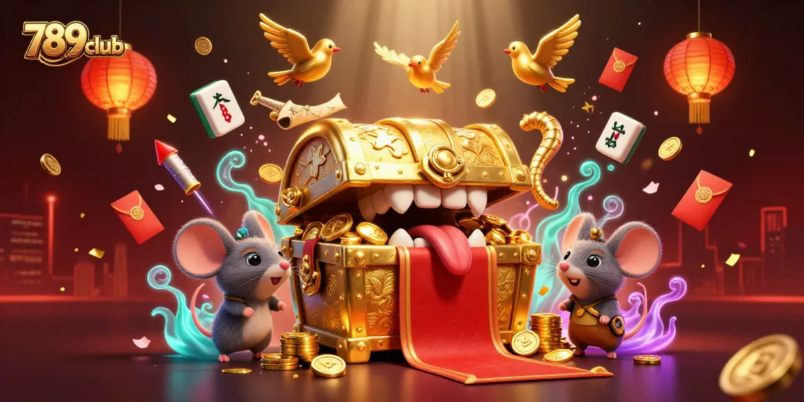 Engage with the 789club treasure chest adventure, showcasing vibrant casino symbols and golden elements.