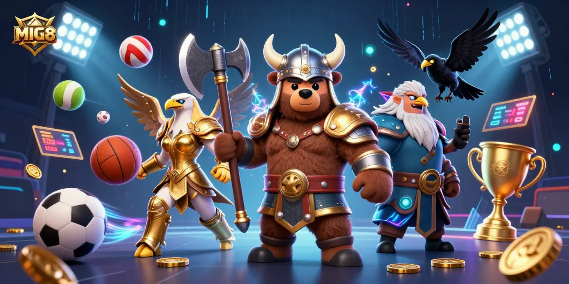 MIG8 showcases a 3D Viking berserker bear with a fierce Valkyrie eagle, amid dynamic sports betting elements, enriching your gaming experience.