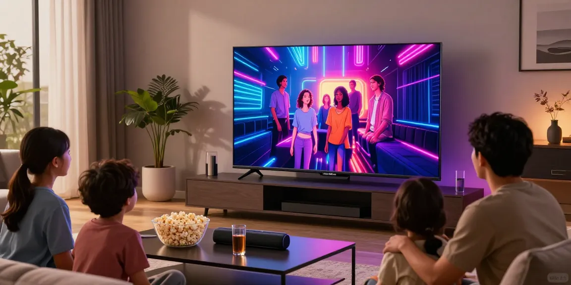 Family enjoying movie night with a Samsung Micro RGB TV showcasing vibrant HDR colors in a modern living room.