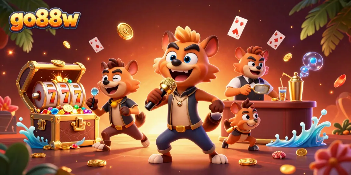 Experience excitement at go88w with hyena characters in a vibrant casino scene filled with treasure.