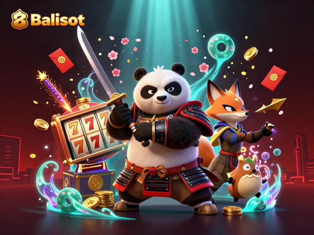 Balislot online gaming experience with a samurai panda and ninja fox as dynamic characters surrounded by slot game elements.