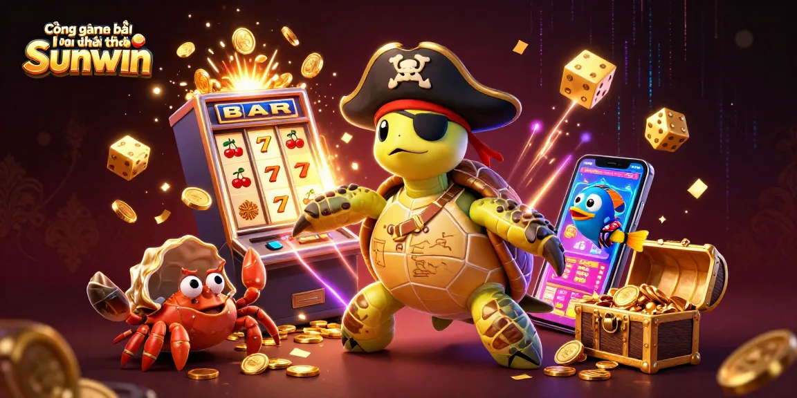 Cổng game bài đổi thưởng Sunwin showcases a vibrant 3D illustration of a turtle pirate, golden crab, and parrotfish celebrating above treasure with dynamic casino elements.