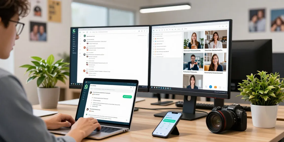 Professional user engaged with WhatsApp網頁版 on dual monitors in modern office.