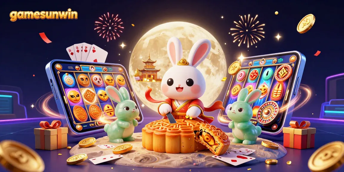 Engage with gamesunwin's dynamic scene featuring a folklore rabbit and casino elements.