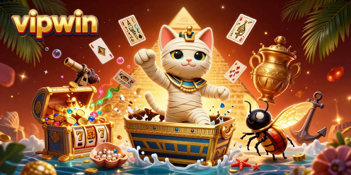 Experience thrill at vipwin with an Egyptian mummy cat and treasure bursting from a casino.
