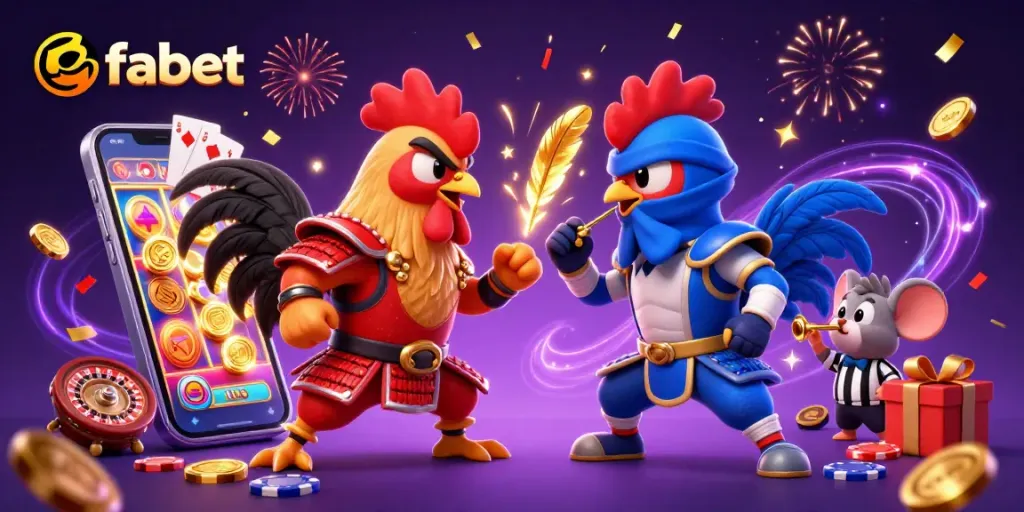Engage in thrilling fights and slots with fabet's dynamic 3D gaming illustration showcasing roosters and casino elements.