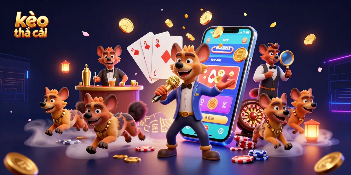 Engage in kèo nhà cái betting with energetic hyena characters and vibrant casino elements.