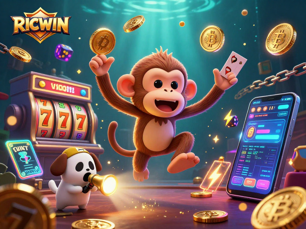 Experience the thrilling world of RICWIN in a vibrant cartoon illustration featuring a poltergeist monkey juggling coins amidst a haunted casino.