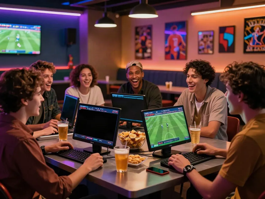 Group enjoying live sports betting at http://11bet-app.net/ in a vibrant lounge atmosphere.