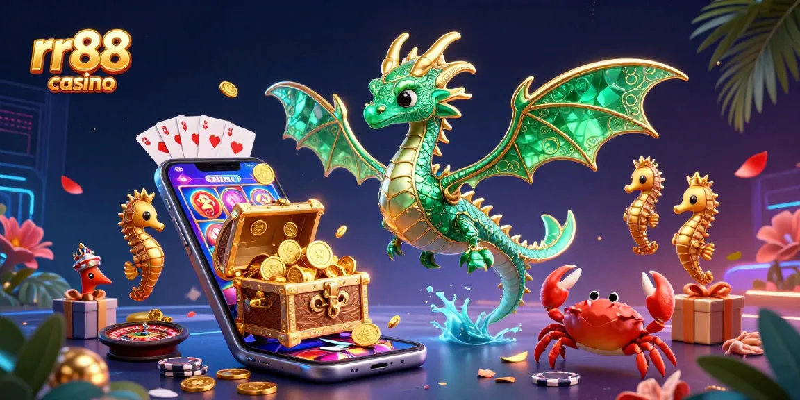 Engage with rr88 casino's dynamic 3D scene featuring an emerald sea dragon and vibrant gaming elements.
