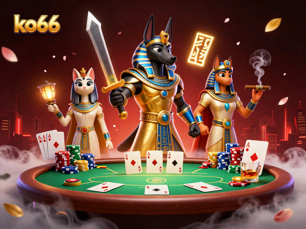 ko66 features an exhilarating poker scene with Anubis and Bastet amidst vibrant casino elements.