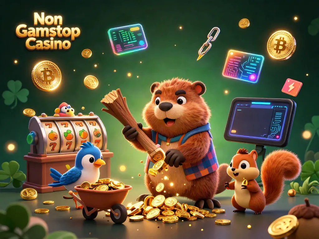 Engaging scene showcasing Non Gamstop Casino with a lumberjack beaver, bird, and squirrel among coins and slot reels