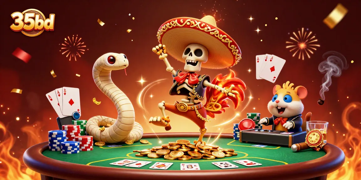 Experience vibrant casino action with 35bd represented by a dancing mariachi rooster.