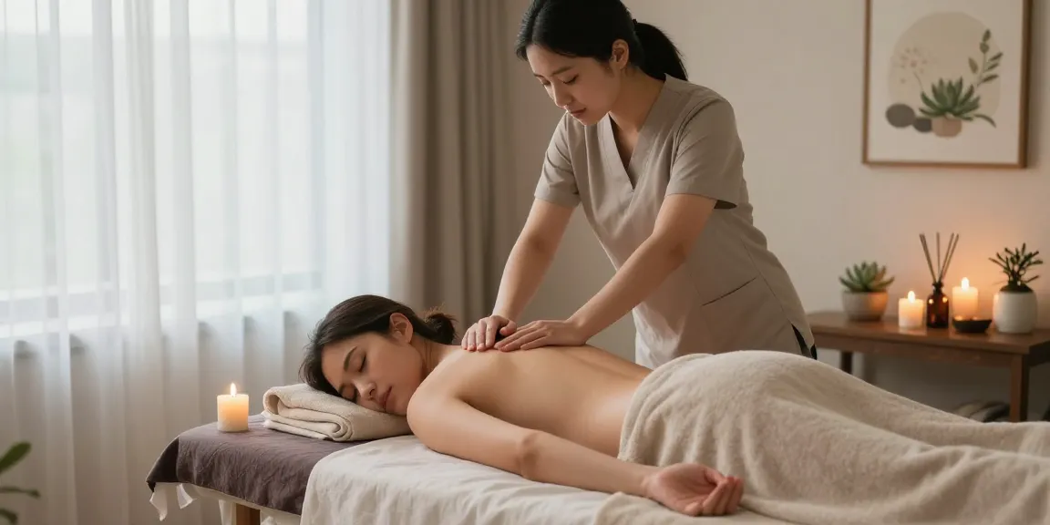 Relaxing 광명출장안마 session in a tranquil massage environment with candles and soft lighting.
