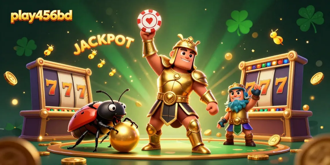 Play456bd showcases a victorious beetle character lifting a poker chip amidst casino elements in vibrant 3D art.