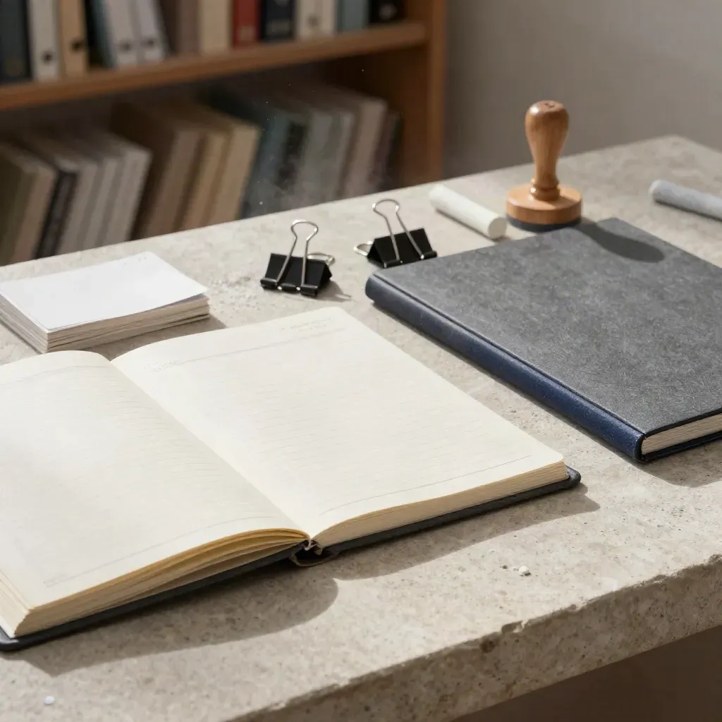 Lesson planner, folders, clips and chalk on stone in soft dawn light.