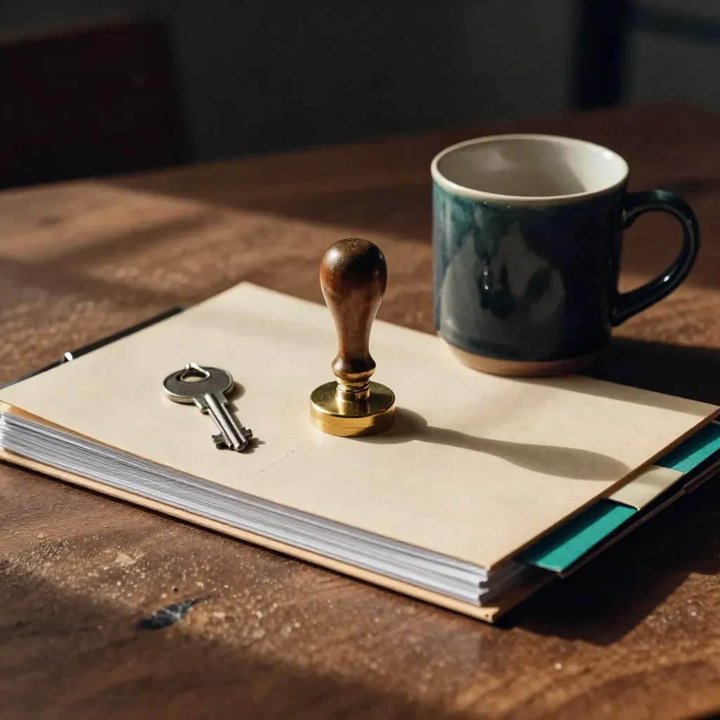 Brass stamp, report folder, assessment cards and mug on walnut in dramatic light.