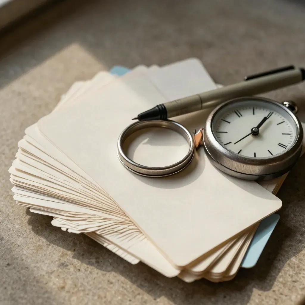 Macro still life of tutoring flashcards, correction pen, pencil stub and pocket timer on stone