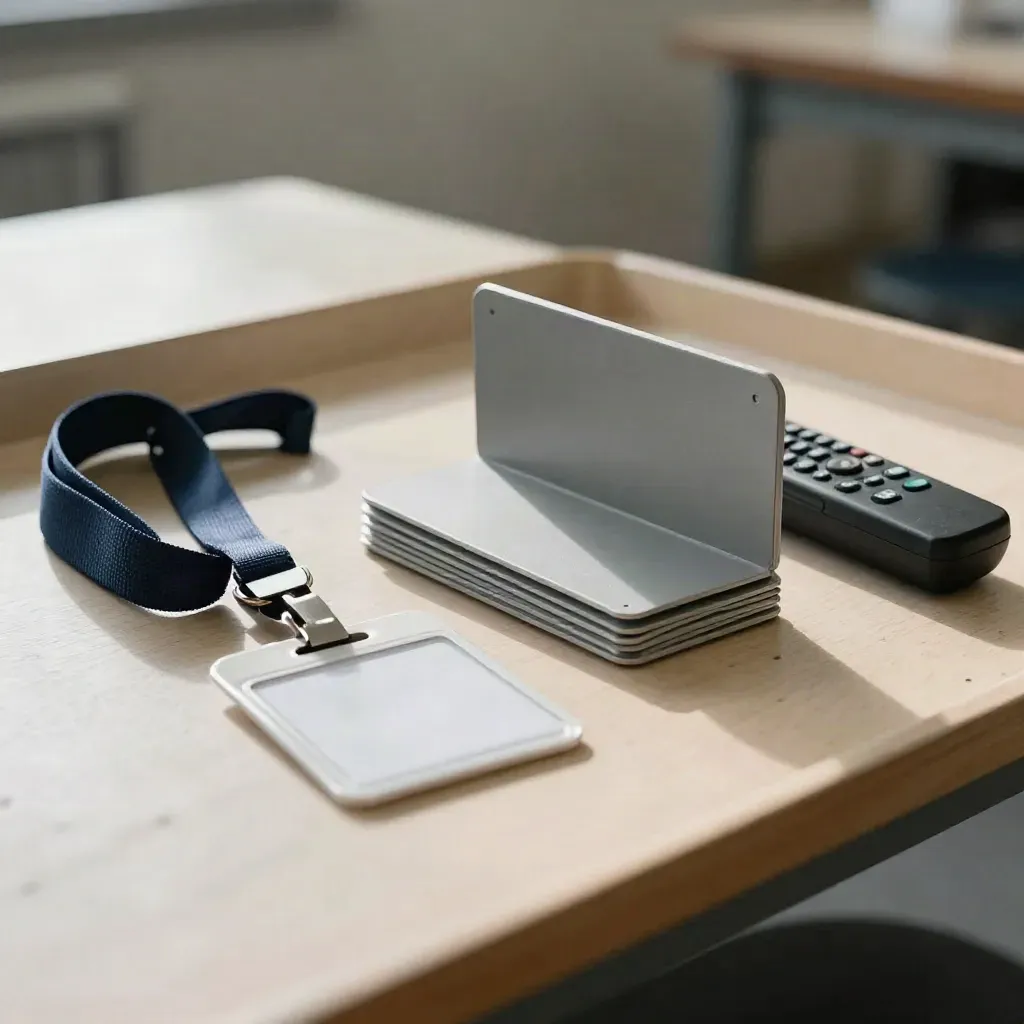 Training tray with lanyards, badge clips, divider and remote on pale wood with warm light.