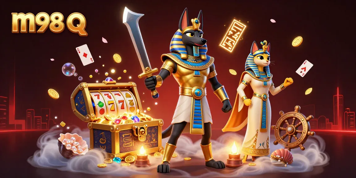 Immerse in the vibrant m98 q scene featuring Anubis warrior, slot reels, and magical elements.