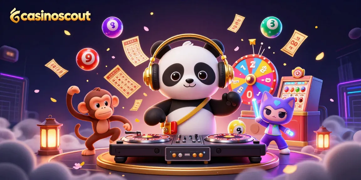 Experience the vibrant fun at casinoscout with a DJ panda, dancing monkey, and rave kitten in a dynamic casino scene.