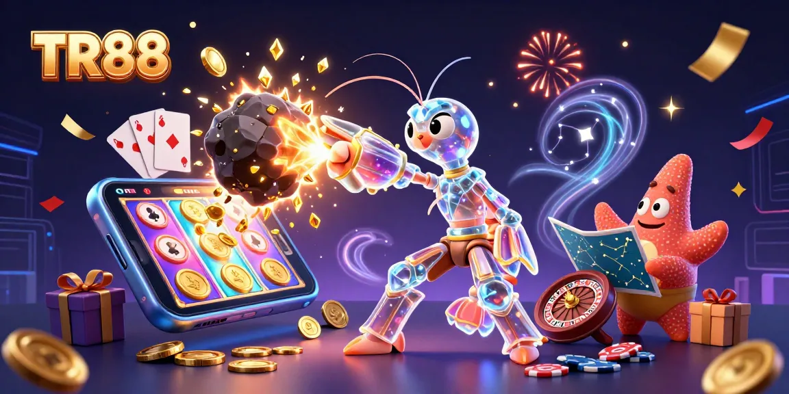TR88 showcases a dynamic 3D scene with a galactic samurai mantis shrimp and a starfish navigating a slot game's treasures.
