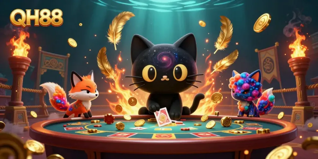 Experience the thrill of QH88 as a cosmic cat attracts fortune at an epic casino table.
