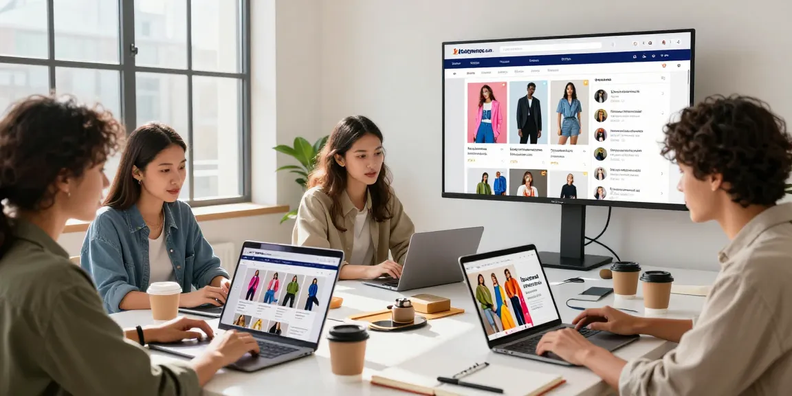 Diverse group exploring trendy fashion items from koiaminos.com in a bright e-commerce workspace.