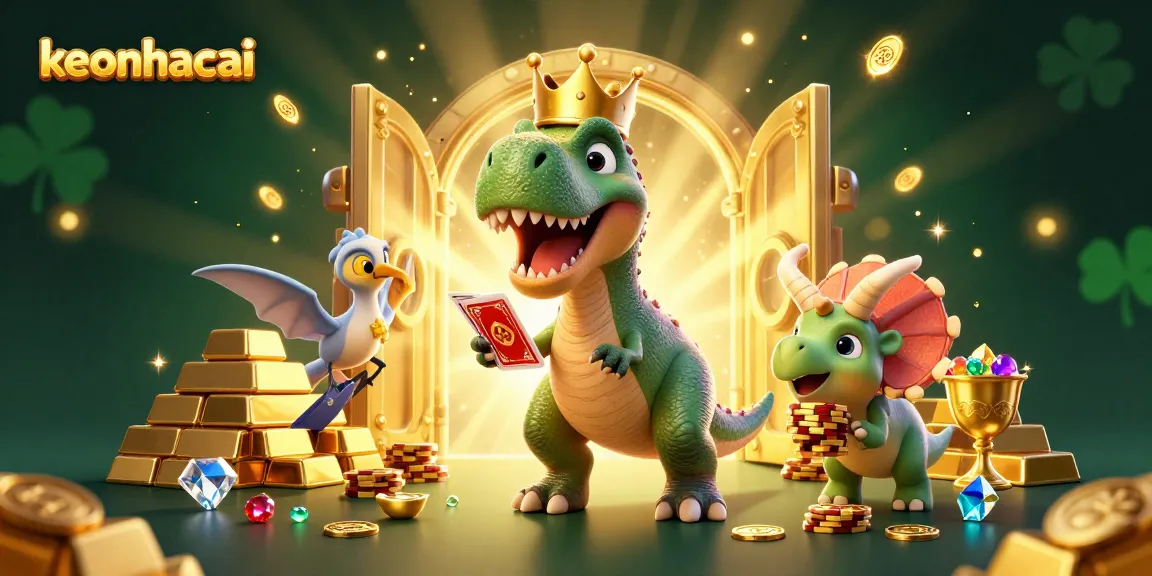 Engage with keonhacai as a T-Rex shuffles cards while a baby triceratops stacks chips in a bustling casino.