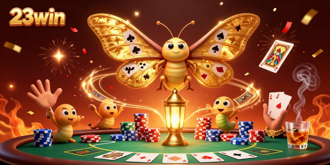 Experience the thrill of 23win with a vibrant casino scene featuring an atlas moth and poker elements.
