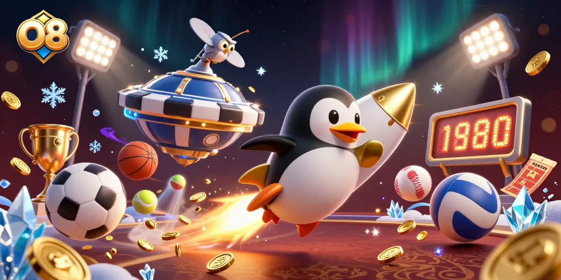 Win big at O8 with our vibrant casino illustration featuring the golden penguin and sports elements.