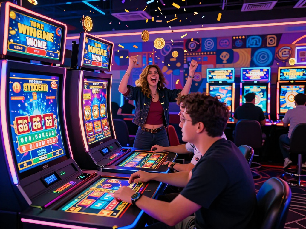 Engaged players at a crypto casino celebrating winnings surrounded by immersive digital gaming experiences.