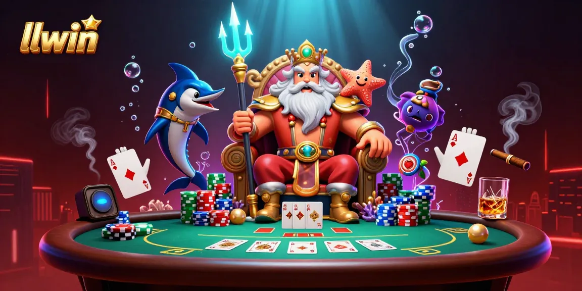 Players win big at llwin in a vibrant underwater casino scene with Neptune and poker elements.