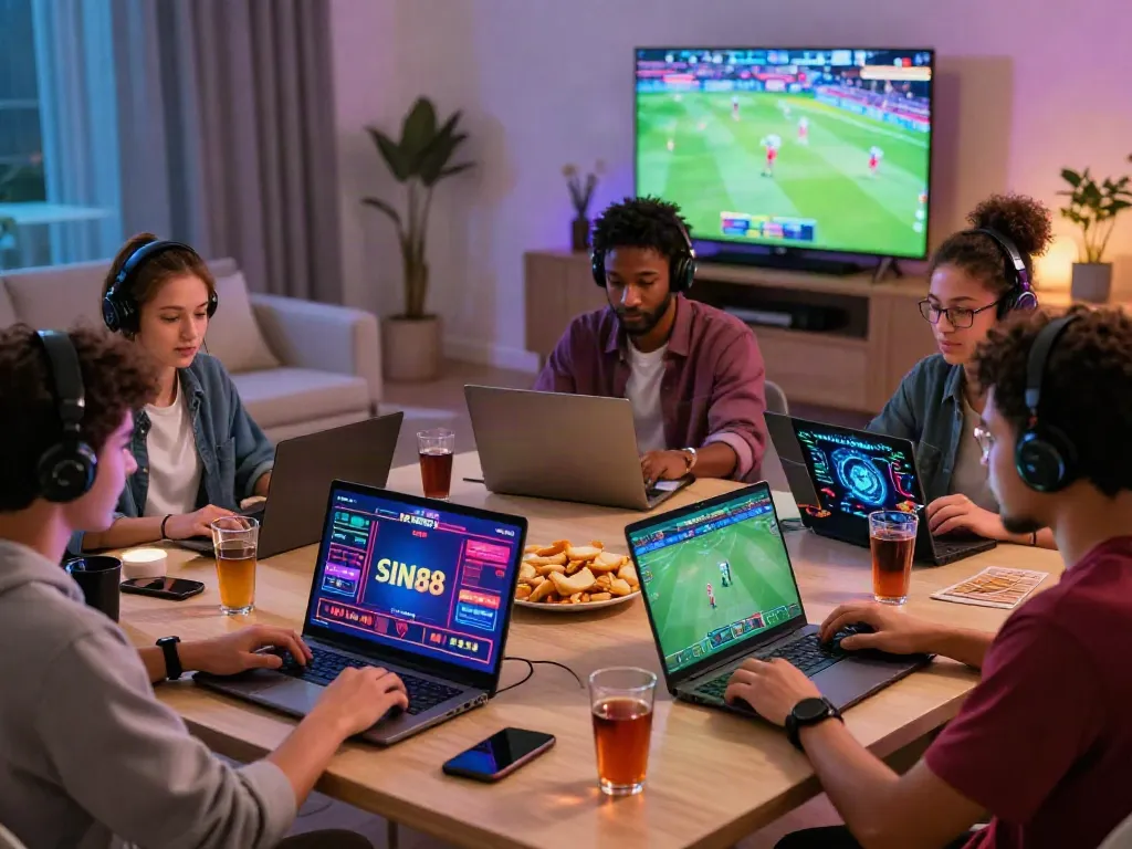 SIN88 nhà cái gaming night with friends, showcasing online betting excitement.