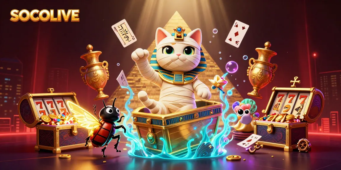 SOCOLIVE creates an engaging experience with a mummy cat and vibrant jackpot elements in a stunning scene.
