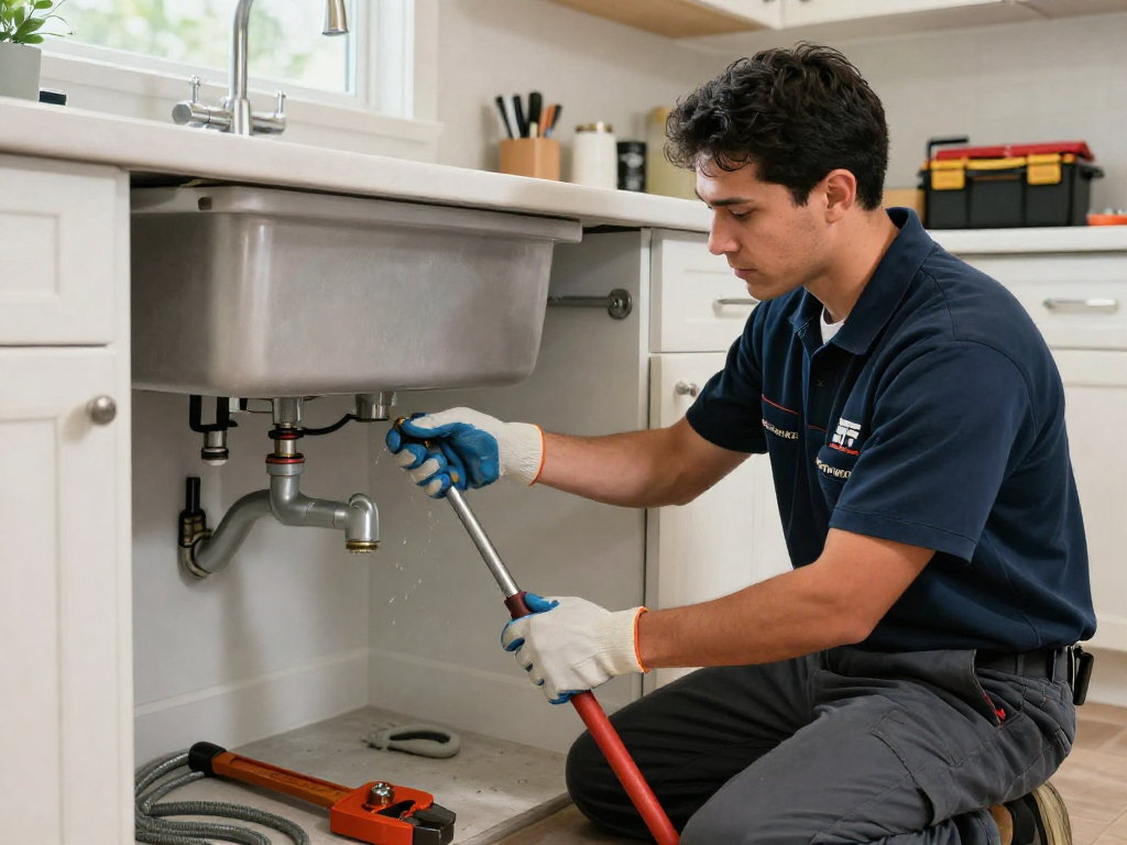 Drain cleaning Fort Worth service by a professional technician in a modern kitchen.