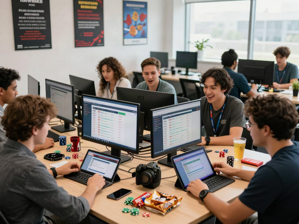 Engaged online community analyzing 토토사이트 검증 먹튀스팟 in a vibrant workspace setting.