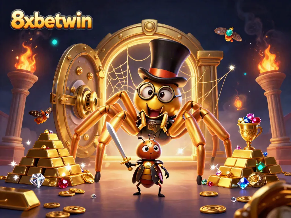 8xbetwin showcases a thrilling casino scene featuring a golden tarantula, a beetle knight, and precious gems.