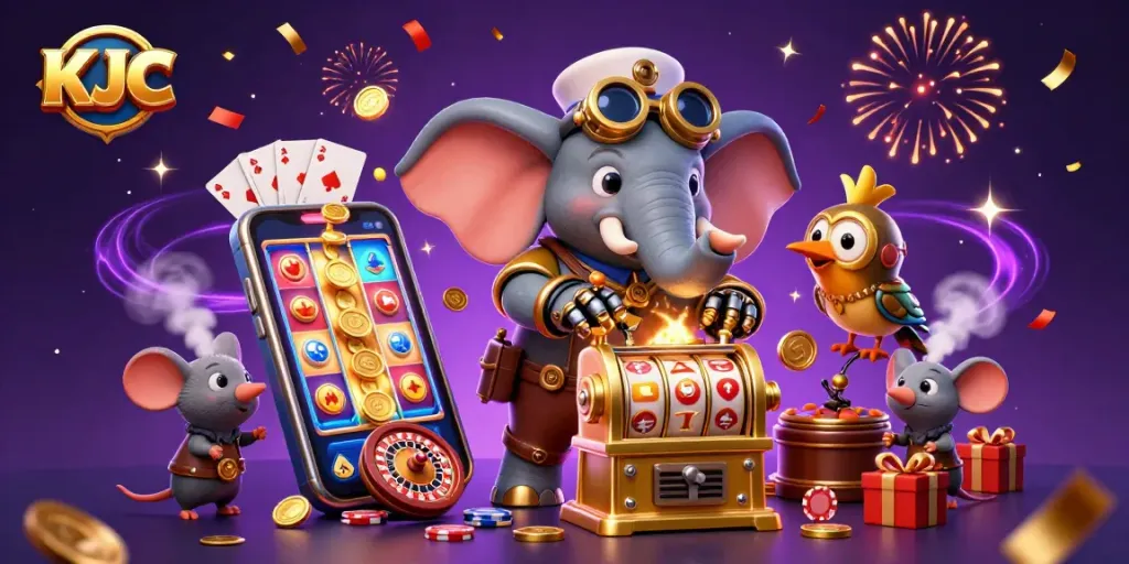 KJC entertains gamblers with vibrant slot game action amid steampunk festivities featuring colorful coins.