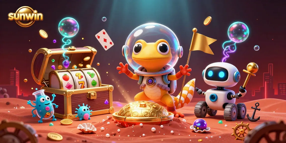 Experience sunwin's thrilling casino adventure with a Martian gecko and vibrant gaming elements.
